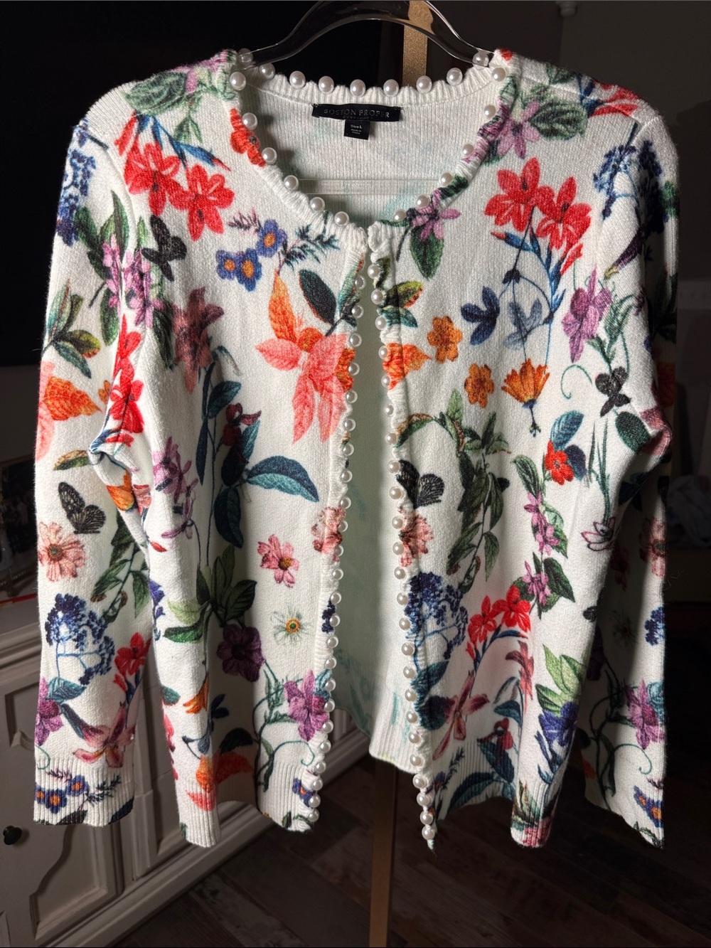 Boston Proper White Floral Pearl-Trim Cardigan